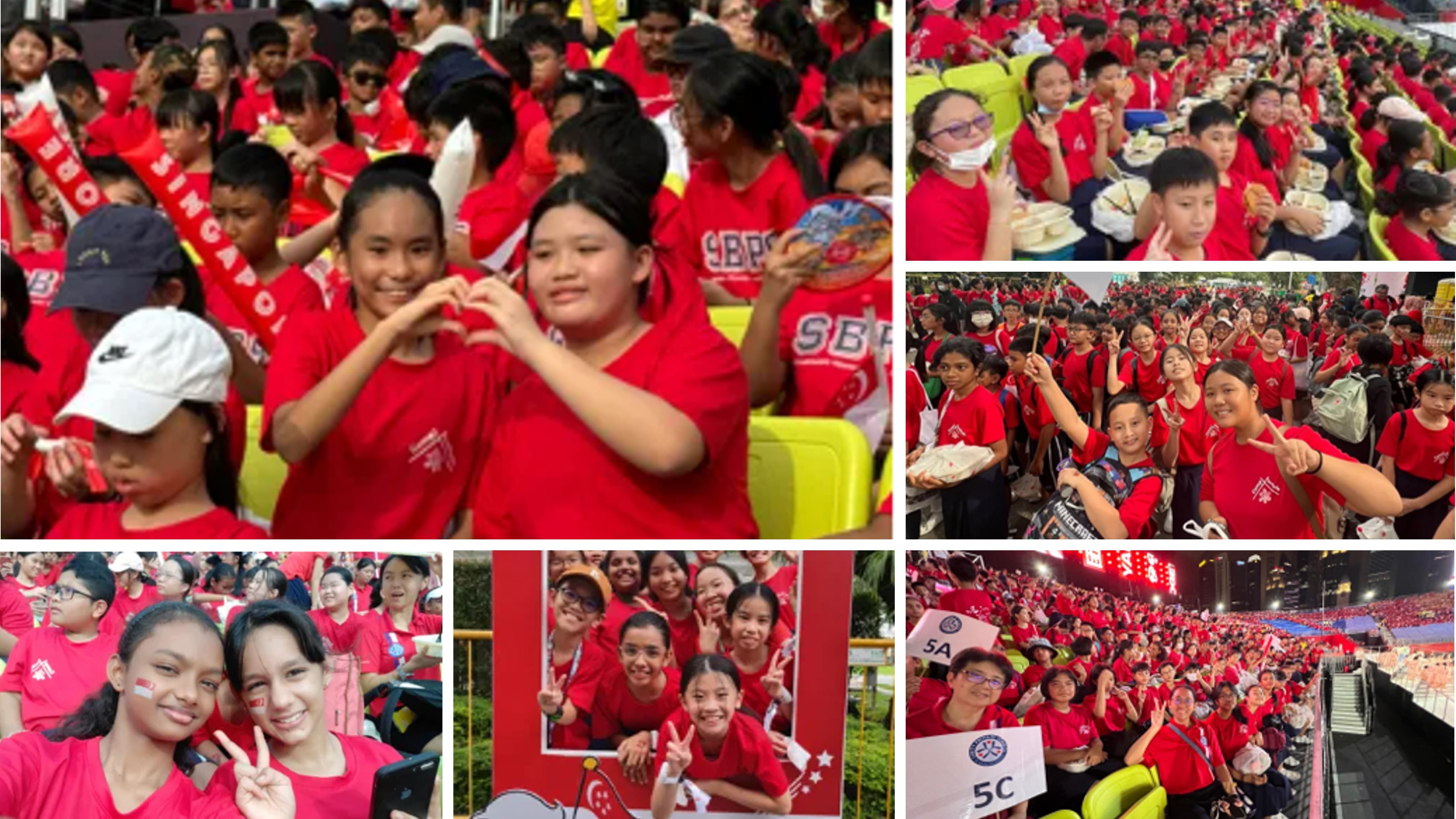A collage of children in red shirts at a Singapore National Day event, smiling and making peace signs.